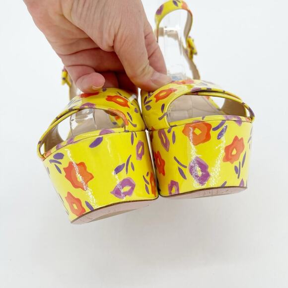 Prada Yellow Floral Patent Leather Chunky Platform Block Heel Sandal size IT 37 - Picture 6 of 14
